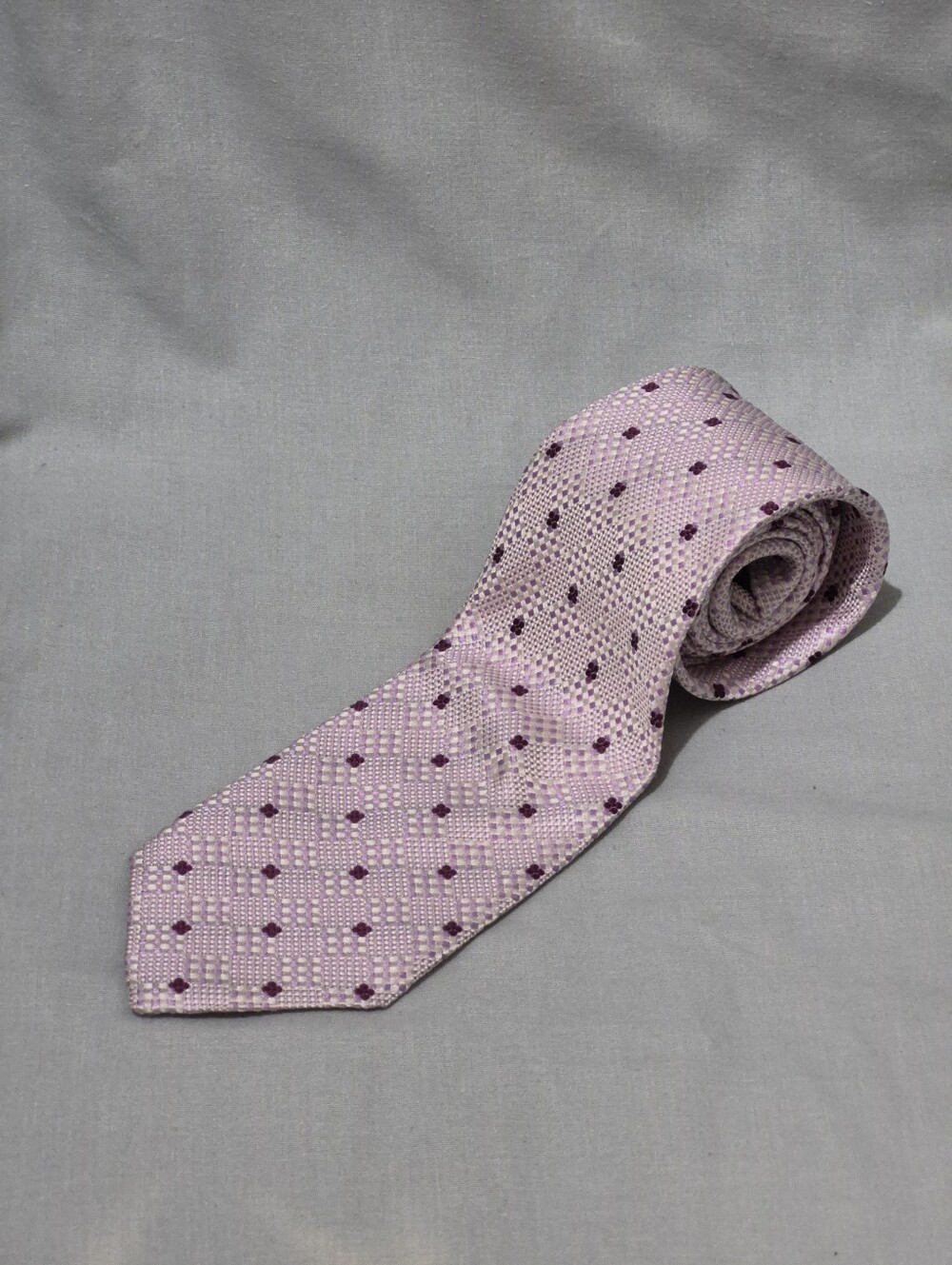 Elegant Canali Light Pink Tie with Plum Dot Pattern